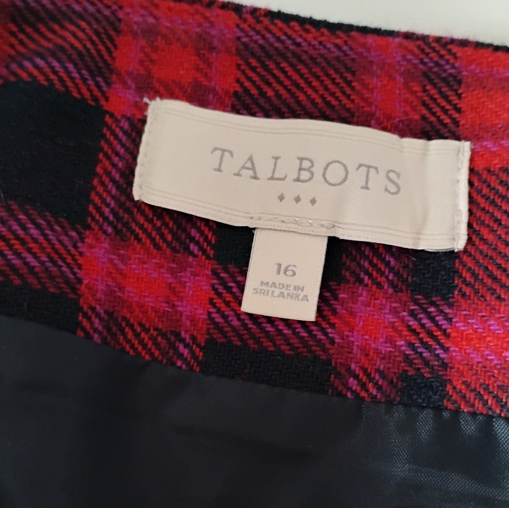 Talbots Wool Blend Plaid Pencil Skirt Red Pink Blue Plaid Holiday Colorful Sz 16 - Picture 12 of 16